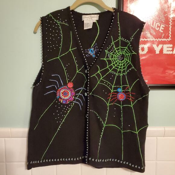Vintage Halloween Maximalist Beaded Cardigan Sweater Vest Kitschy Spider Webs - Picture 10 of 10